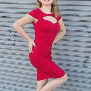 Hell Bunny Vixen Sandy Pencil Dress Red Black Polka Dot Rockabilly Wiggle Size L